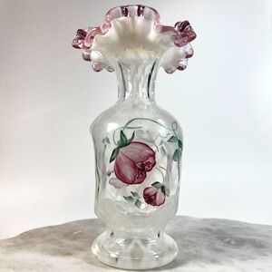 Vtg Fenton Vase French Opalescent Trellis Rose Crest Floral Ruffled Hand painted